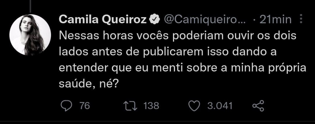 Camila Queiroz rebate insinuação de falsificar atestado (Foto: Reprodução/Twitter)
