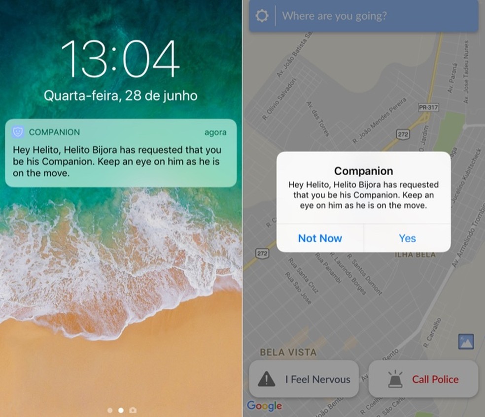 Os contatos serão notificados pelo Companion Safety App via SMS — Foto: Reprodução/Helito Bijora