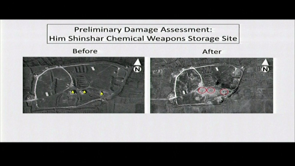 Antes e depois do posto de armazenamento de armas químicas Him Shinshar, na Síria, atacado por EUA e aliados (Foto: Departamento de Defesa dos Estados Unidos/Reprodução)
