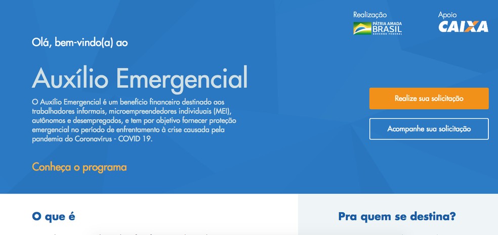 Página de abertura - solicitação de auxílio emergencial de R$ 600 — Foto: Reprodução