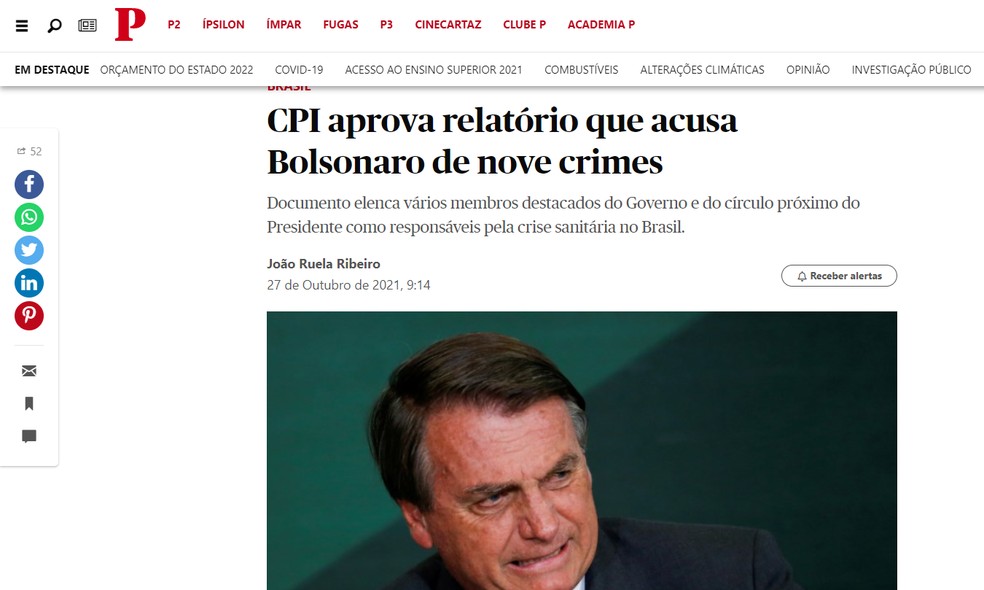 CPI da Covid: imprensa internacional destaca acusações contra Bolsonaro — Foto: Reprodução/Público
