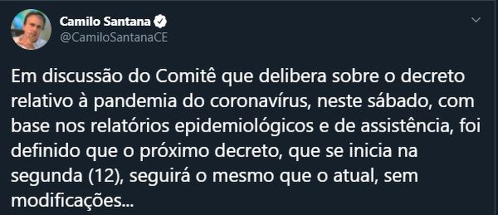Camilo Santana anuncia que não haverá avanço no decreto de retomada econômica no Ceará. — Foto: Reprodução/Twitter