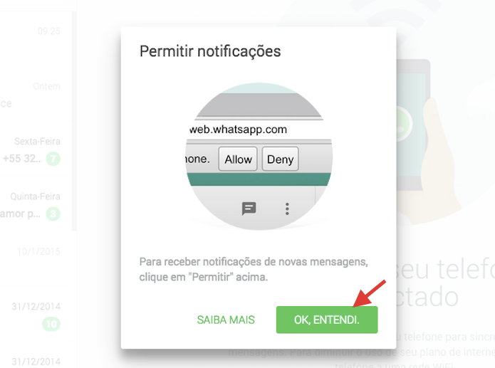 Aceitando a mensagem sobre permitir notificações em seu navegador para receber notificações na área de trabalho do WhatsApp Web (Foto: Reprodução/Marvin Costa)