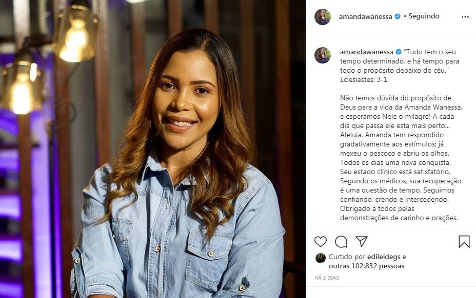 A assessoria de imprensa de Amanda Wanessa vem atualizando os fãs sobre a evolução no quadro da cantora gospel (Foto: Reprodução / Instagram)