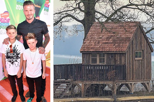 David Beckham ao lado dos filhos Romeo e David Beckham, e a modesta casa na árvore das crianças (Foto: Getty Images)