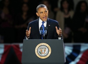 Barack Obama faz o seu discurso após ser reeleito presidente dos Estados Unidos (Foto: Getty Images)