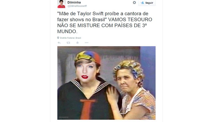 Meme com Traylor Swift brinca com a suposta proibição da mãe cantora de deixá-la vir ao Brasil e a compara a Quico, de 