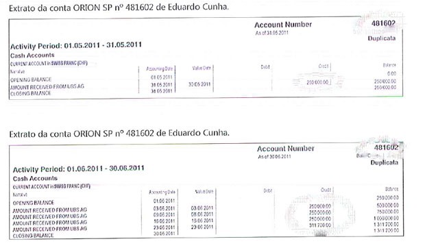 Cópia do extrato da conta Orion SP de Eduardo Cunha (Foto: Reprodução)