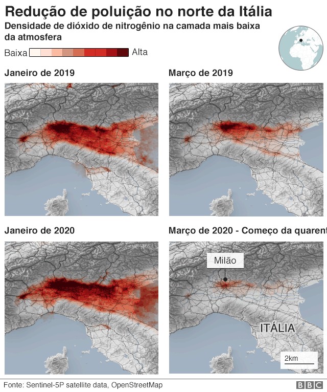 Redução da poluição no Norte da Itália (Foto: BBC)