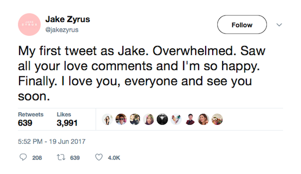 A mensagem compartilhada pelo ator e cantor Jake Zyrus (Foto: Twitter)