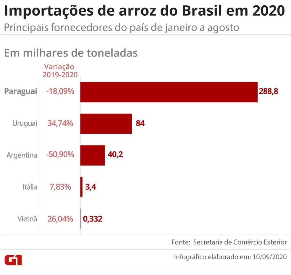 Importações de arroz do Brasil em 2020 — Foto: Arte/G1