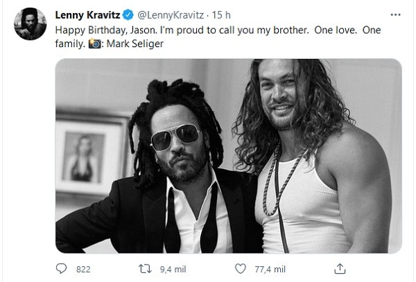O post de Lenny Kravitz parabenizando Jason Momoa  (Foto: Twitter)