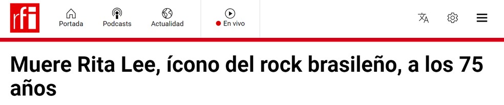 Jornal francês RFI reporta morte de Rita Lee — Foto: Reprodução/RFI