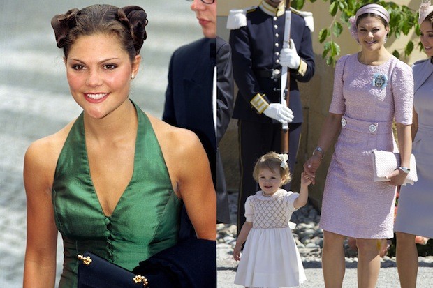 Left to right: a young Crown Princess Victoria of Sweden in 1997 and as a mother with daughter Princess Estelle this month (Foto: Getty)
