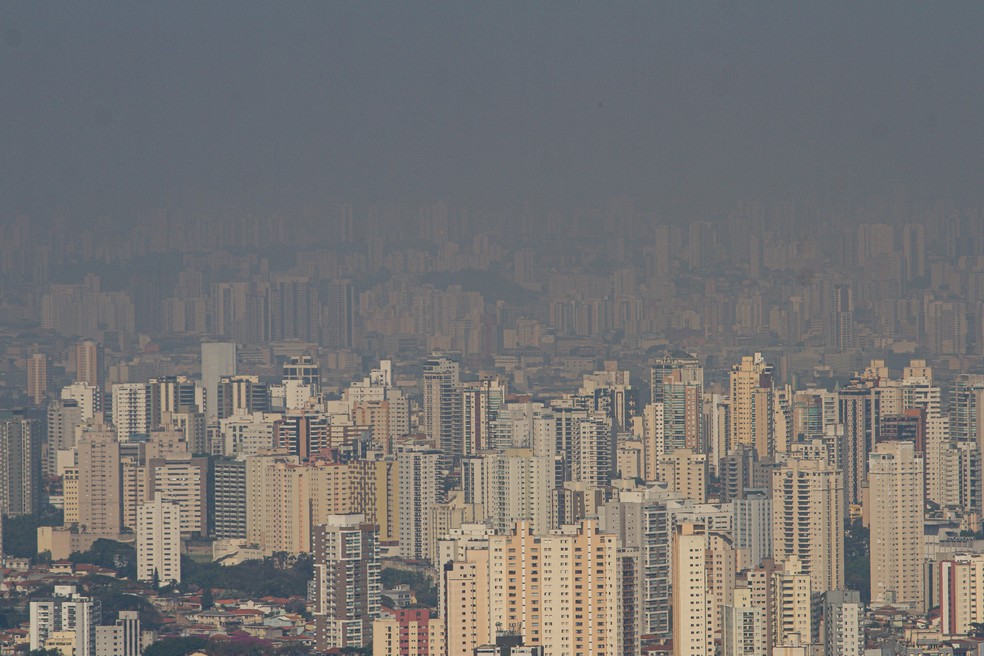 Vista da névoa de poluição que encobre a cidade de São Paulo, nesta quarta-feira (28). A cidade vive o mês de julho mais quente da história - desde o início das medições em 1943 - e está sem chuvas há 47 dias. — Foto: BRUNO ESCOLASTICO/PHOTOPRESS/ESTADÃO CONTEÚDO