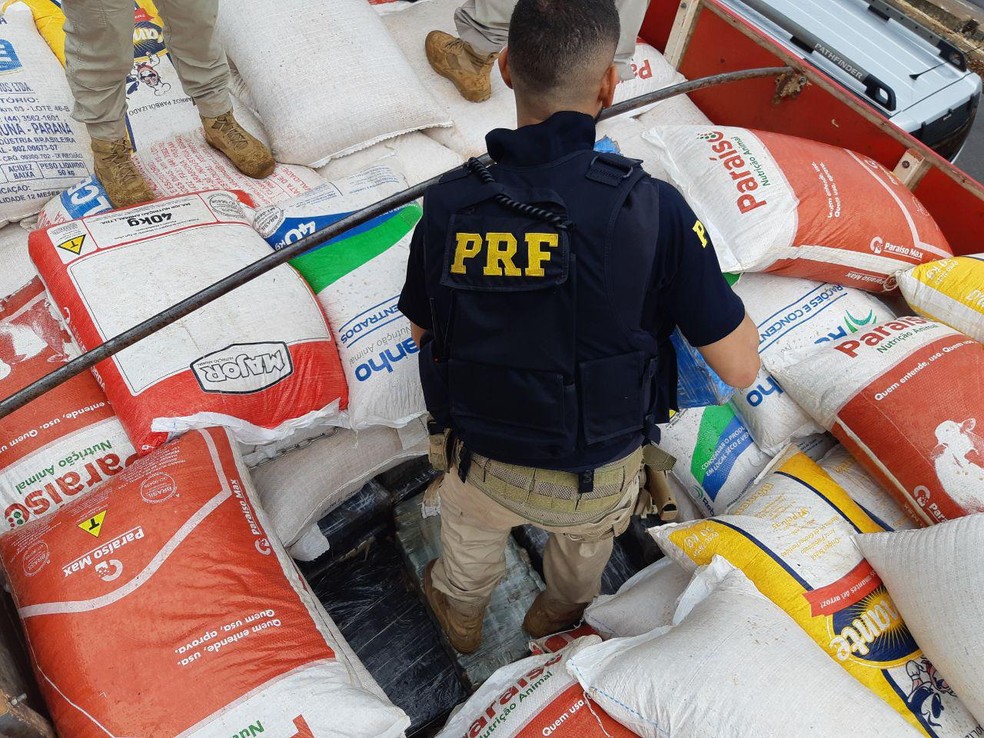 Caminhoneiro foi preso com mais de duas toneladas de maconha escondidas em carga de milho, em Medianeira — Foto: Divulgação/PRF