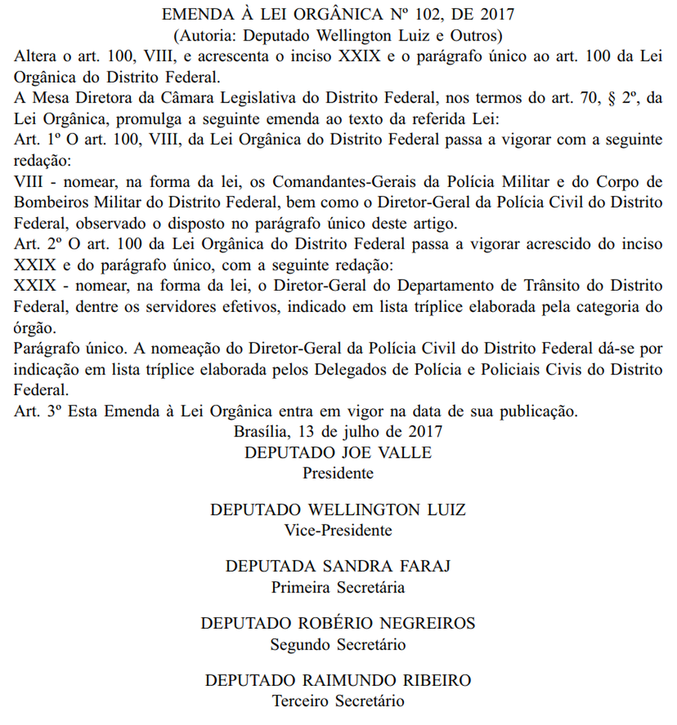 Emenda à Lei Orgânica do DF publicada no Diário Oficial (Foto: Reprodução)
