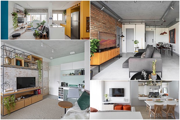 As salas de apartamentos pequenos podem ser integradas às varandas e cozinhas, para ampliar o espaço de convívio (Foto: Montagem Casa e Jardim / Divulgação)