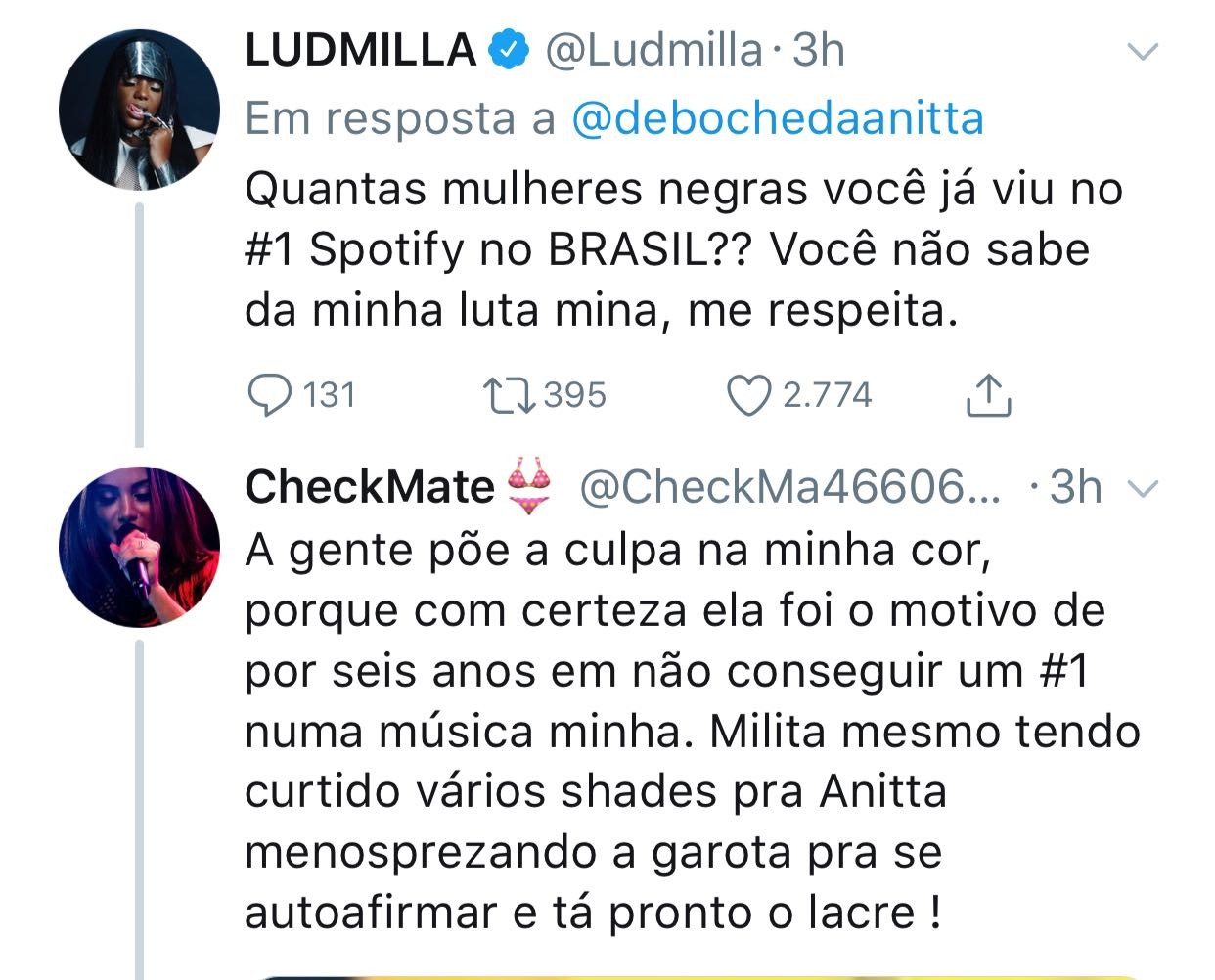 Ludmilla celebra primeiro lugar em Spotify e fãs de Anitta a atacam (Foto: Reprodução/Twitter)