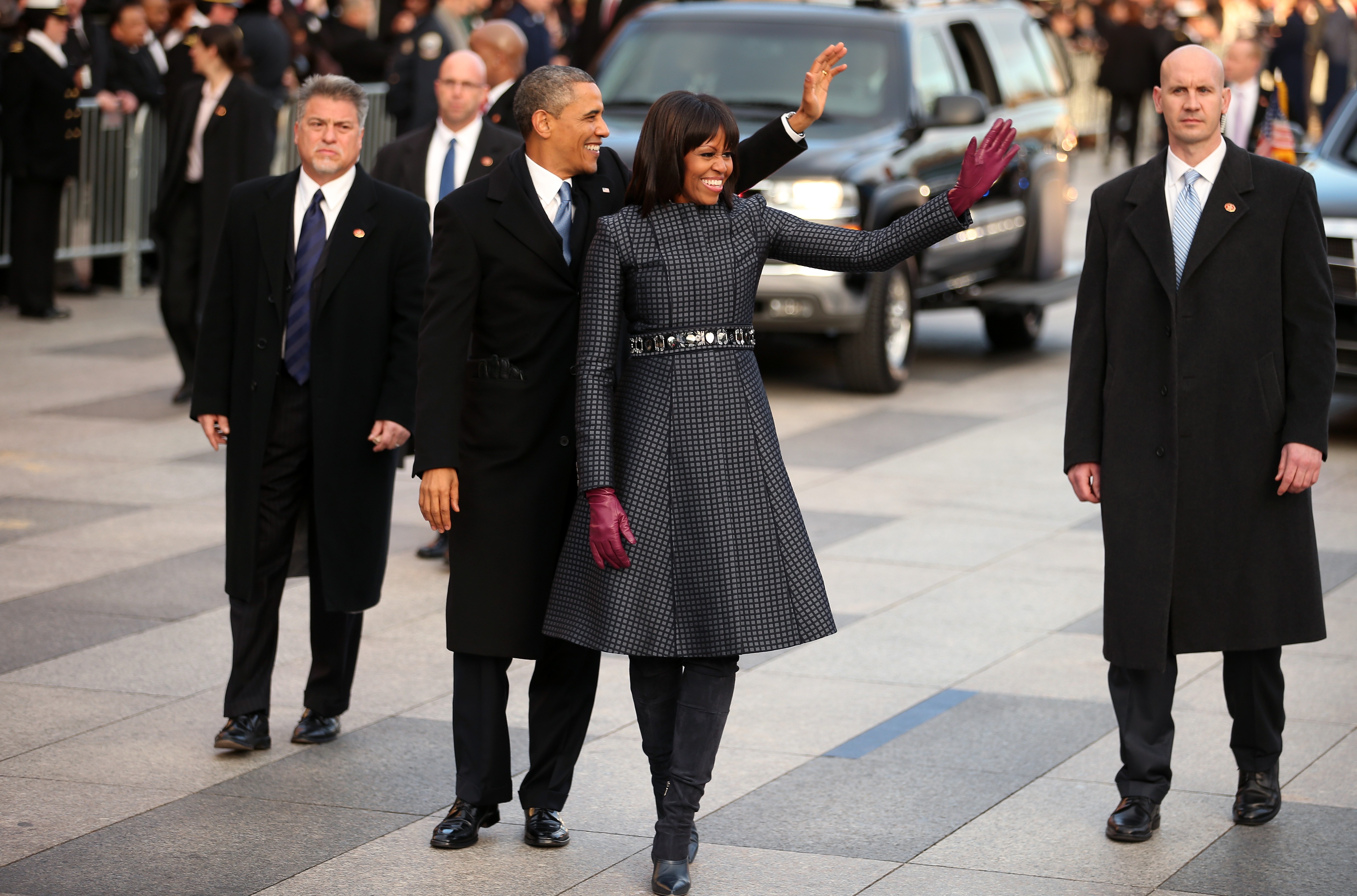 Michelle Obama, de Thom Browne, e Barack Obama na posse de 2013 (Foto: Getty)