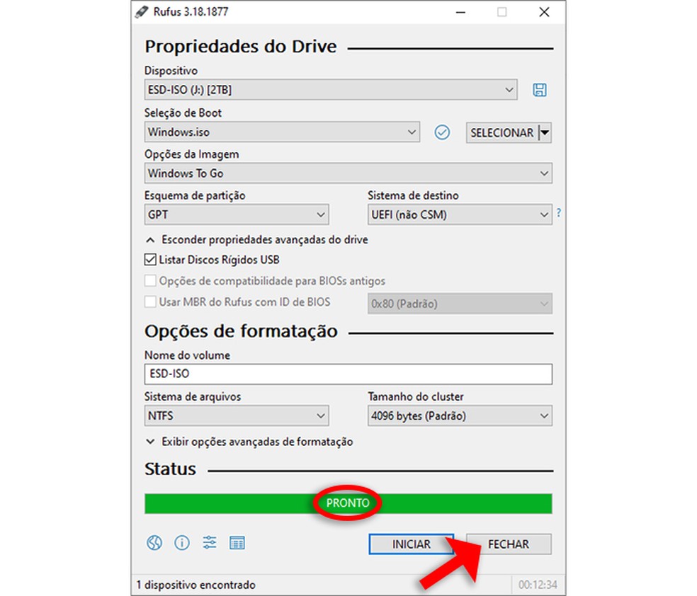 O status do Rufus indica que o processo foi finalizado e o dispositivo USB está pronto para uso — Foto: Reprodução/Rafael Leite