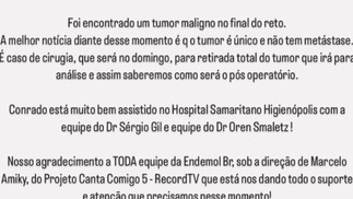 Conrado é diagnosticado com câncer no reto e passará por cirurgia de emergência  — Foto: Instagram