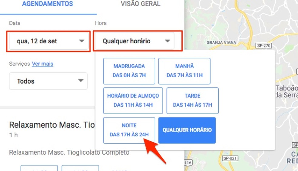 Ação para definir data e horário para uma reserva online em um salão de beleza pelo Google Maps (Foto: Reprodução/Marvin Costa)