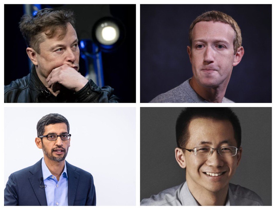 Os donos das redes sociais: Musk (Twitter), Zuckerberg (Facebook, Instagram, WhatsApp), Sundar Pichai (YouTube), Yiming Zhang (TikTok)