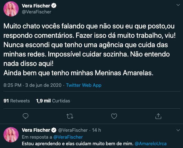 Desabafo de Vera Fischer no Twitter (Foto: Reprodução/Twitter)