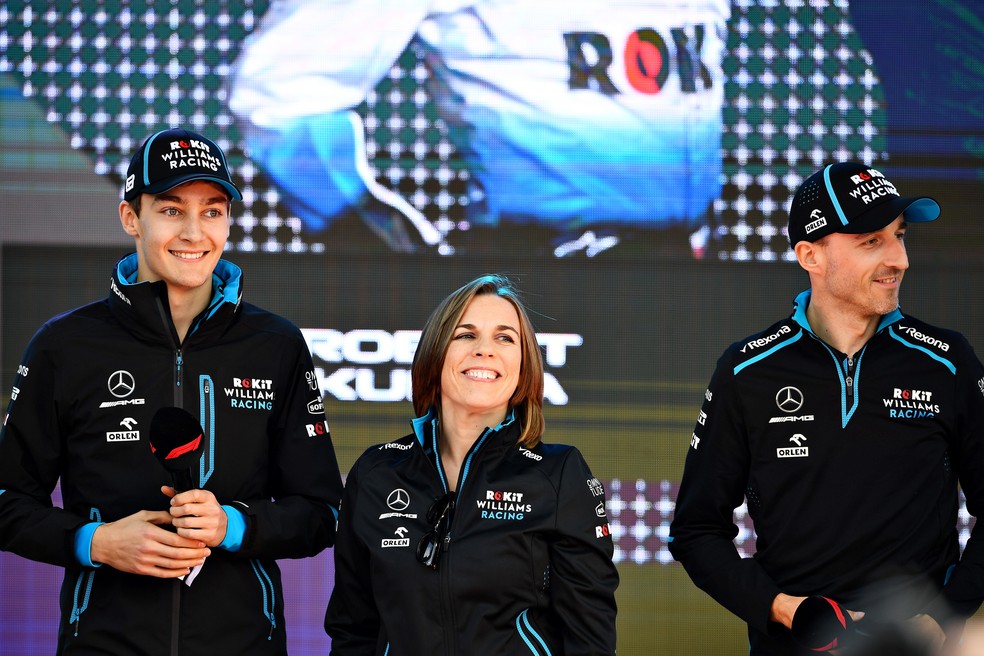 Claire Williams entre George Russell e Robert Kubica — Foto: Getty Images