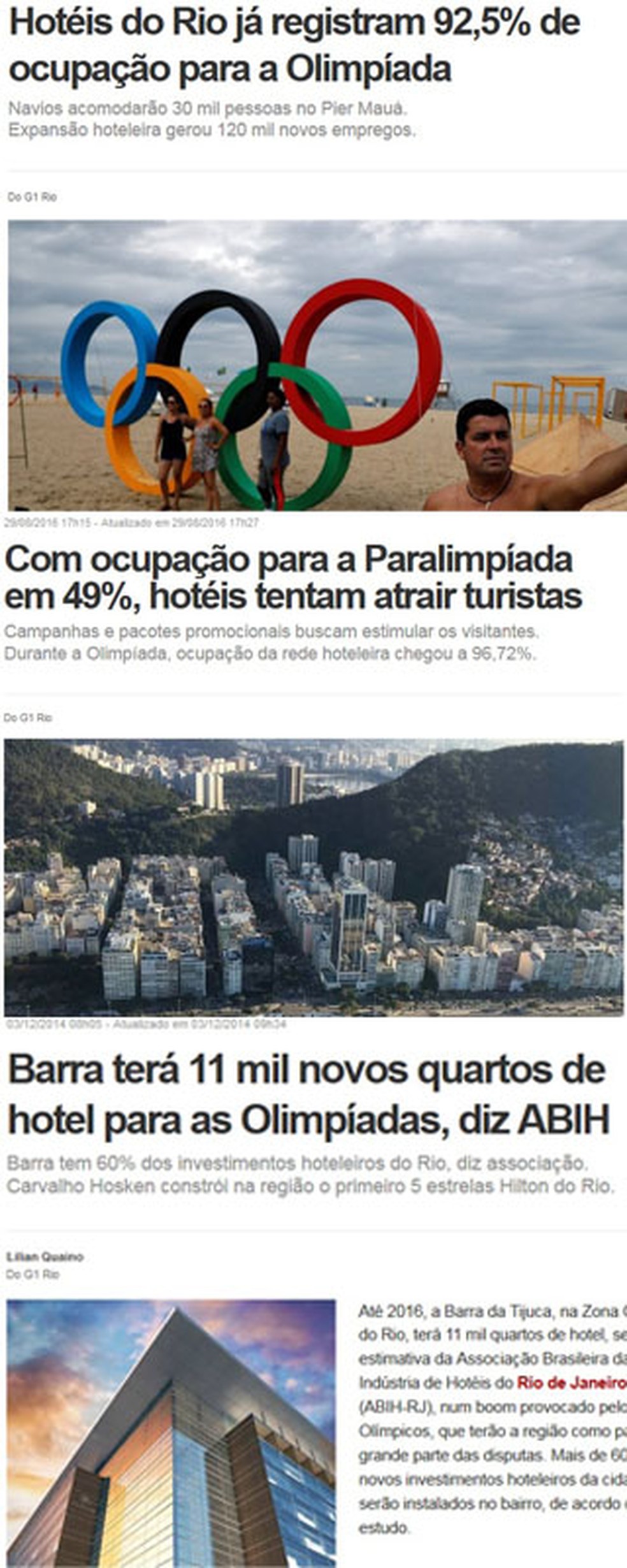 Manchetes antes dos Jogos OlÃ­mpicos mostravam crescimento do setor hoteleiro na Barra da Tijuca (Foto: ReproduÃ§Ã£o/G1)