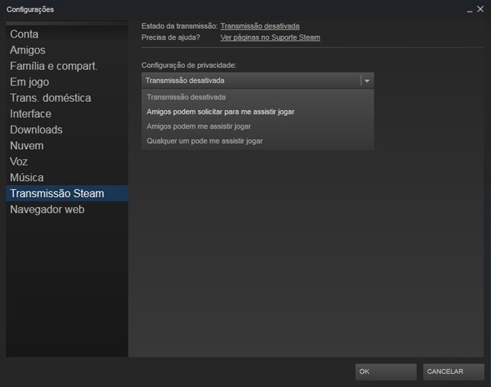 Habilite as transmissões de suas partidas pelo menu de configurações do Steam (Foto: Reprodução/Cássio Barbosa)