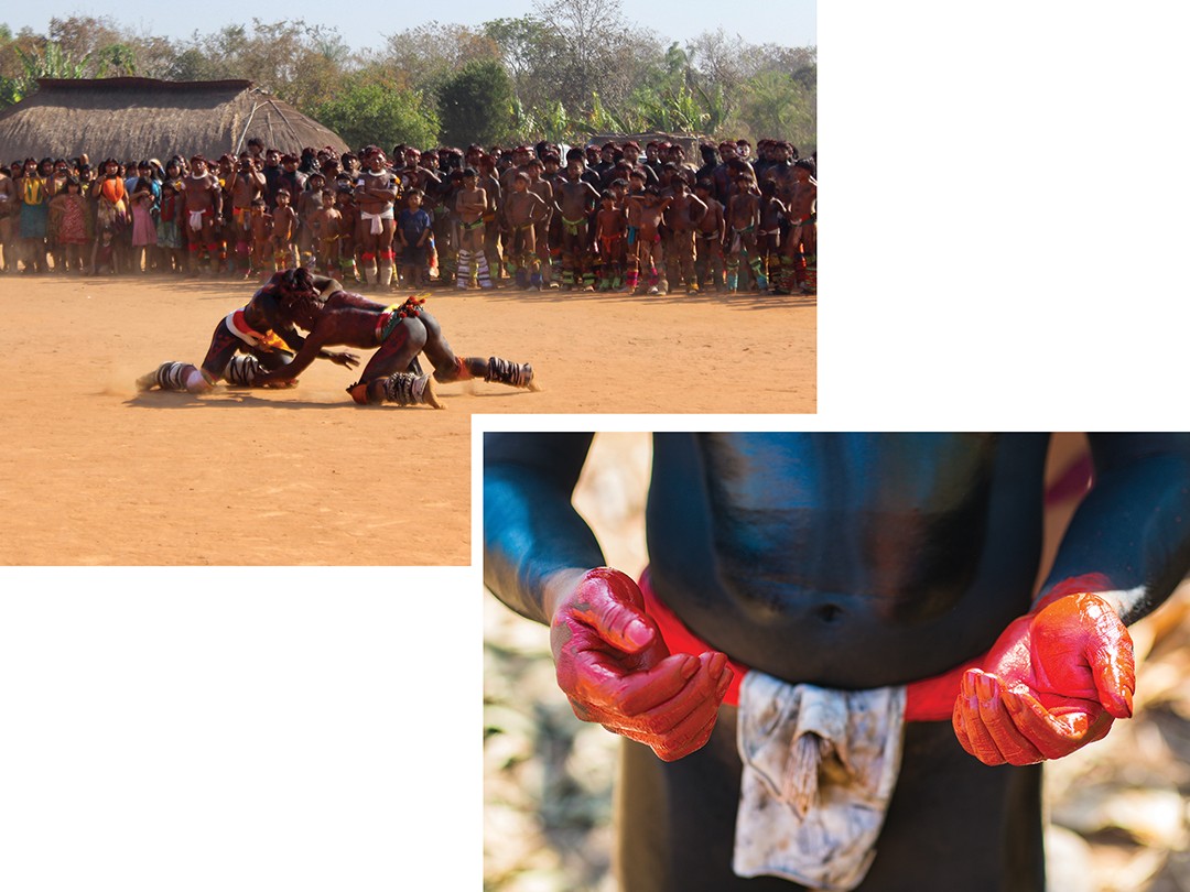 Xingu: A Huka Huka, luta indígena que define a relação (cordial ou rival) entre as etnias do Xingu. Qualquer homem pode lutar, desde que esteja devidamente pintado. (Foto: Felipe Oliveira e Regiane Thahira)