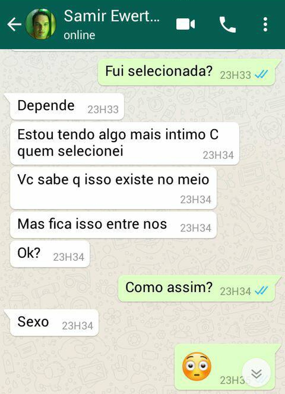 Conversa entre Samir e uma das mulheres que alega ter sido assediada enquanto tentava conseguir uma vaga de emprego — Foto: Divulgação/Acsa Serafim