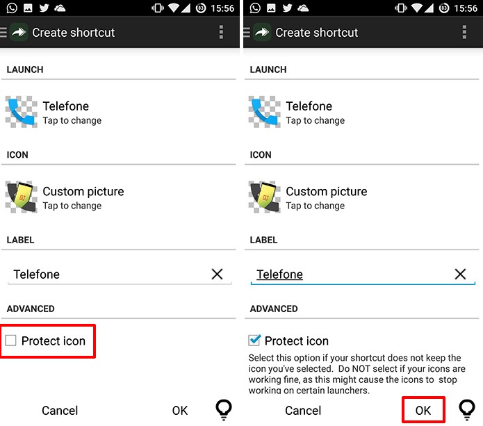 Usuário deve marcar proteção ao ícone criado caso encontre problemas no Android (Foto: Reprodução/Elson de Souza)
