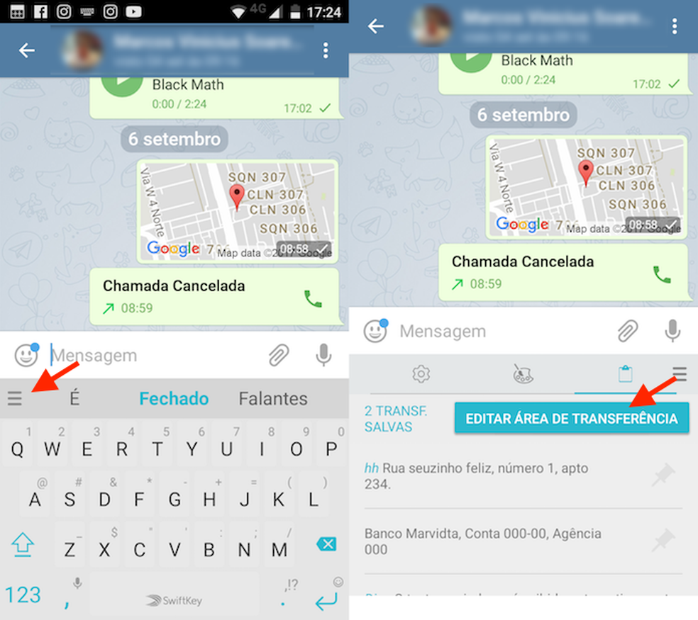 Caminho para acessar as opções para área de transferência do SwiftKey para Android (Foto: Reprodução/Marvin Costa)