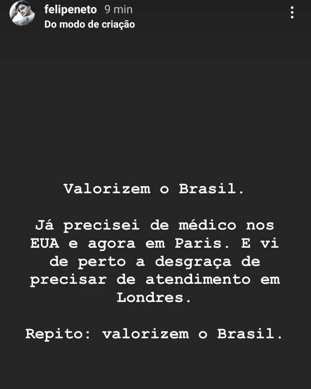 Doente, Felipe Neto tenta voo privado de volta e exalta o SUS (Foto: Reprodução/Instagram)