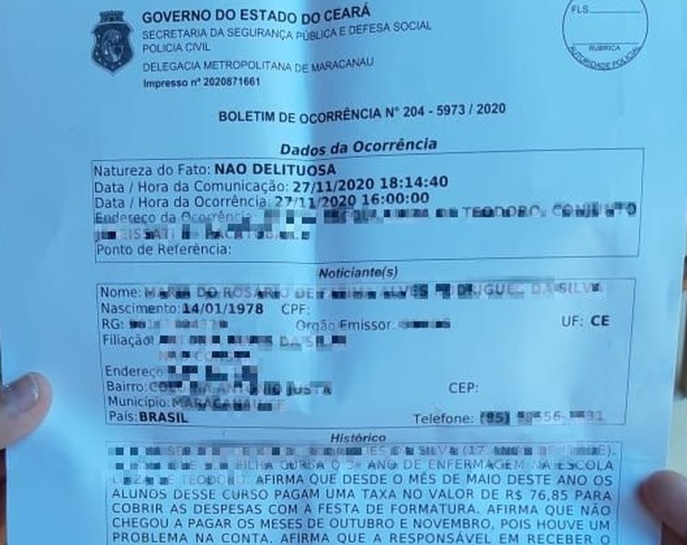 Boletim de ocorrência denuncia sumiço de dinheiro de festa de conclusão do ensino médio — Foto: Reprodução