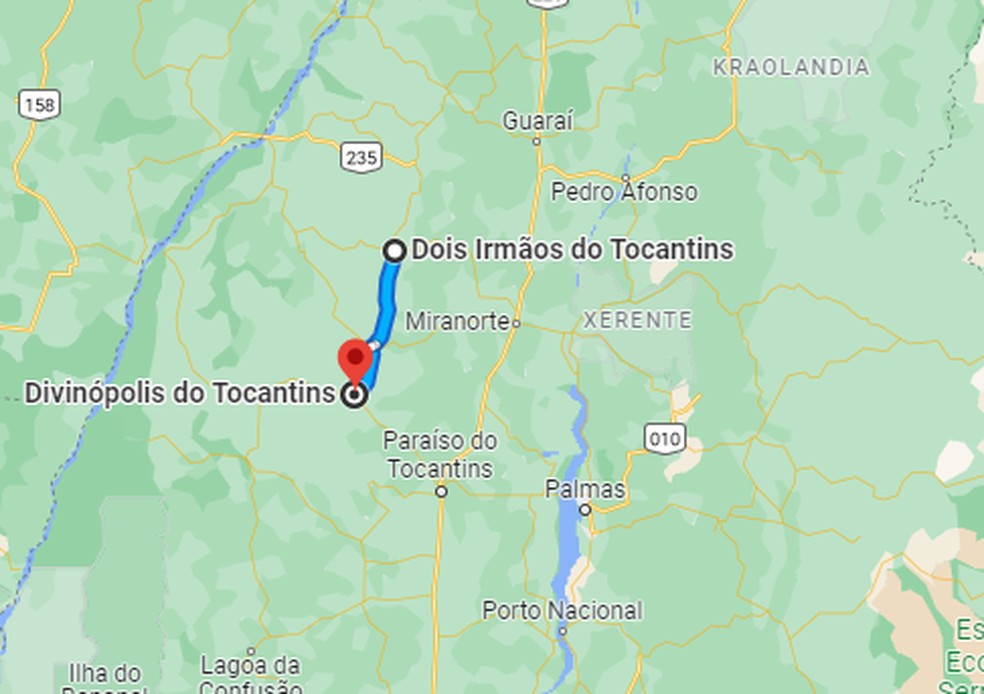 Distância entre Dois Irmãos e Divinópolis do Tocantins — Foto: Reprodução/Google