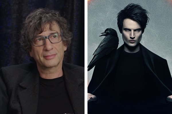 Anos após proposta de filme com roteiro duvidoso, Neil Gaiman (à esquerda) pôde desenvolver uma série aclamada sobre Sandman (à direita) (Foto: reprodução; divulgação)