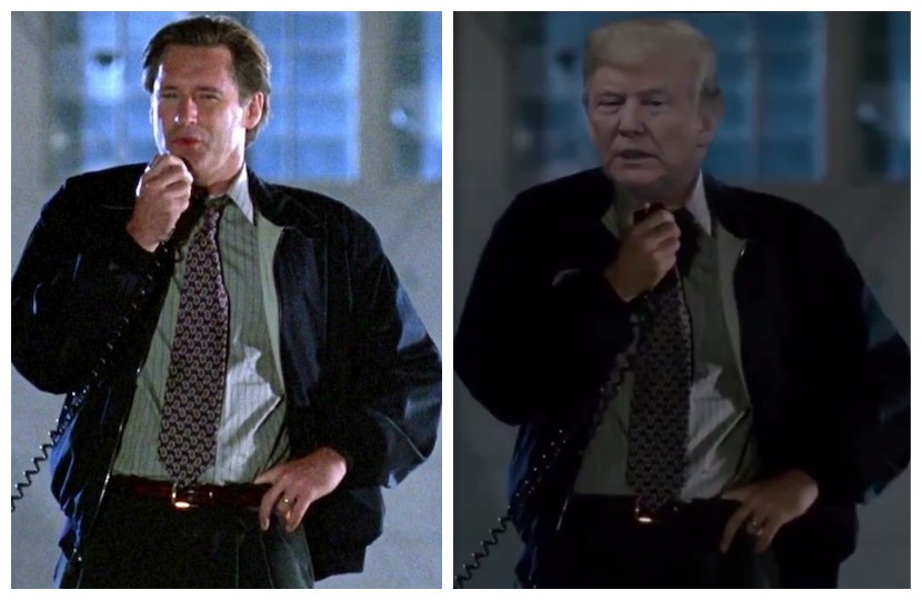 O presidente dos Estados Unidos, Donald Trump, compartilhou deepfake em que aparece no lugar de Bill Pullman em cena de Independence Day (1996) (Foto: Reprodução)