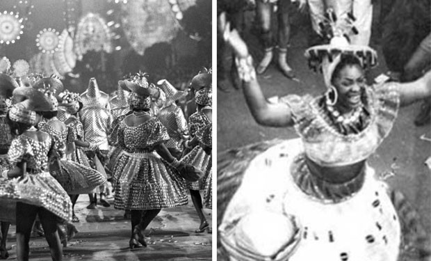 Desfile da Mangueira em 1970 e, à direita, uma imagem de Nair Pequena na Avenida