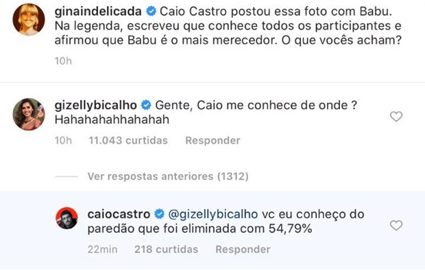 Caio Castro responde Gizelly Bicalho, do BBB 20 (Foto: Reprodução/Instagram)