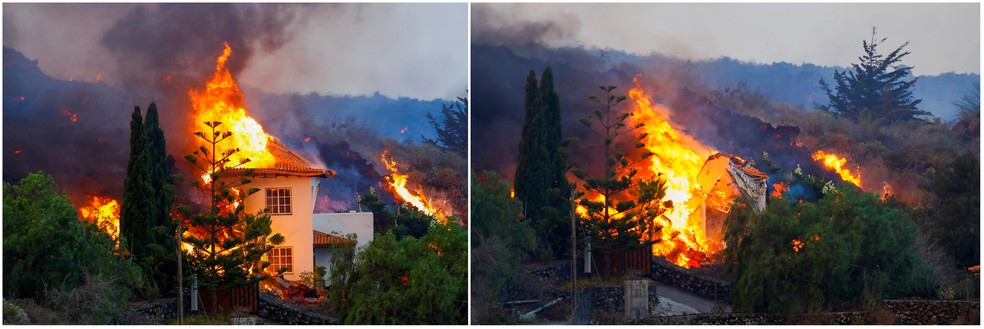 Casa foi destruída depois de ser atingida por lava de vulcão na ilha de Las Palmas, em 20 de setembro de 2021 — Foto: Borja Suarez/Reuters