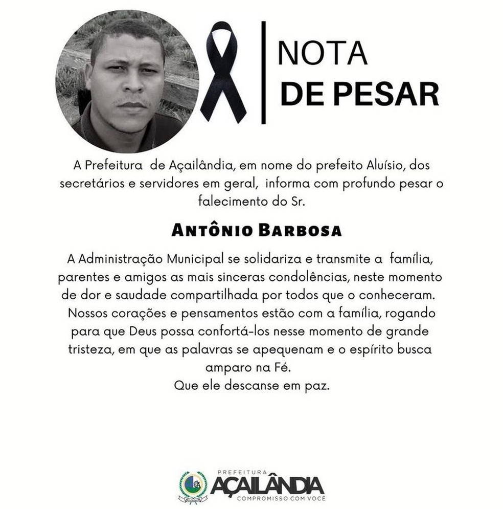 Nota de pesar lamentando a morte de Antônio Barbosa — Foto: Reprodução/Redes sociais