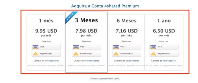 Opções de assinatura do serviço online 4Shared (Foto: Reprodução/Marvin Costa) Opções de assinatura do serviço online 4Shared (Foto: Reprodução/Marvin Costa)