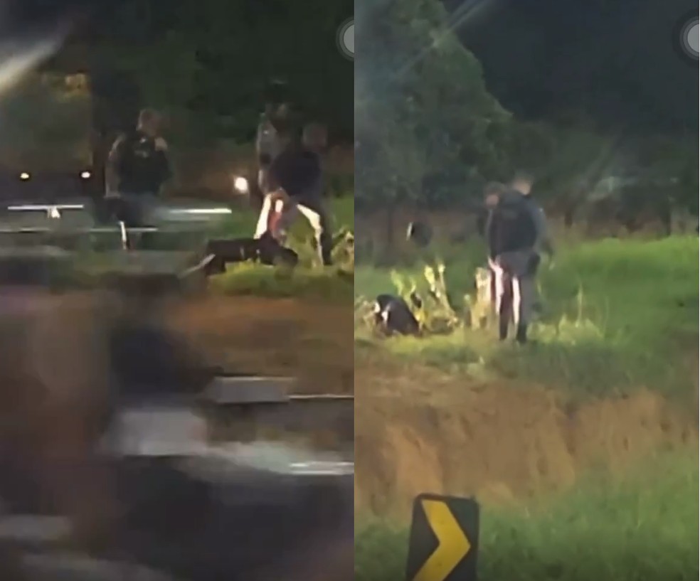Imagens registraram momento em que policiais militares jogam motociclista em vala.  — Foto: Reproduo