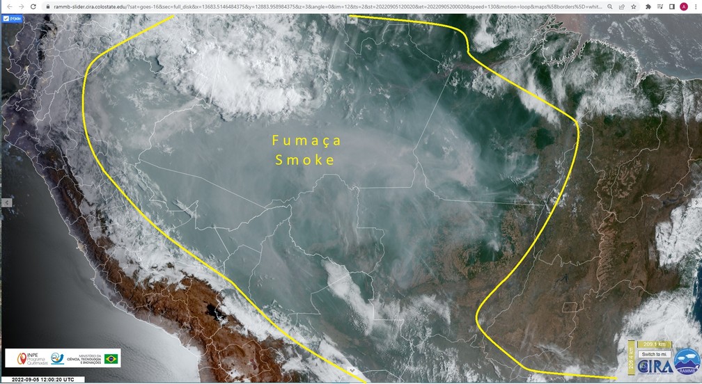 Fumaça sobre área de cinco milhões de km² do território brasileiro no Dia da Amazônia — Foto: Inpe