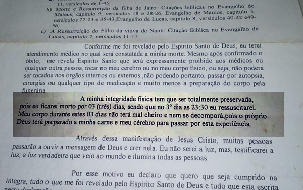 Pastor deixou documento assinado em 2008 dizendo que ressuscitaria — Foto: Reprodução/TV Anhanguera