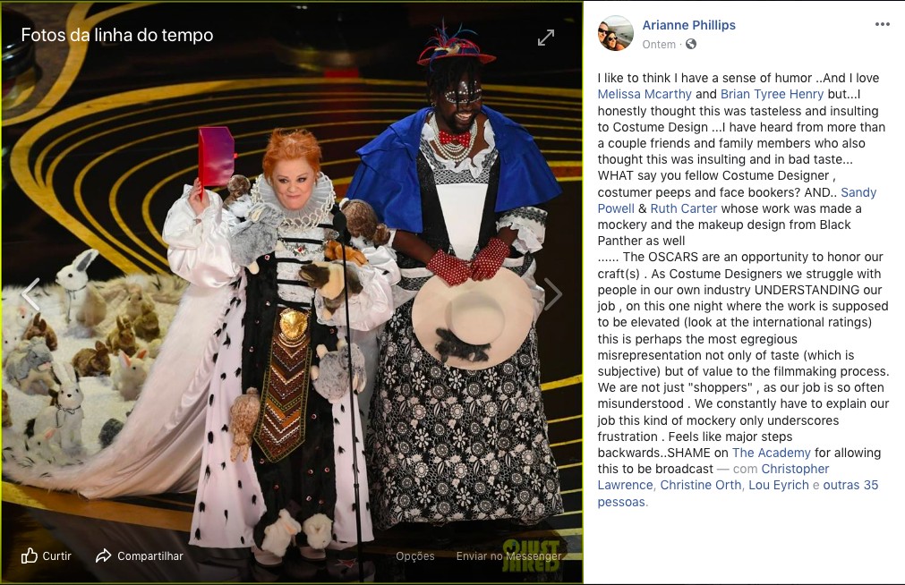A crítica da estilista e figurinista Arianne Phillips em relação às vestimentas de Melissa Mcarthy e Brian Tyree Henry no Oscar 2019 (Foto: Facebook)